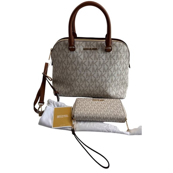 NWT Michael Kors Cindy Vanilla LG Dome Satchel & Wallet Set Signature Logo - Picture 1 of 16